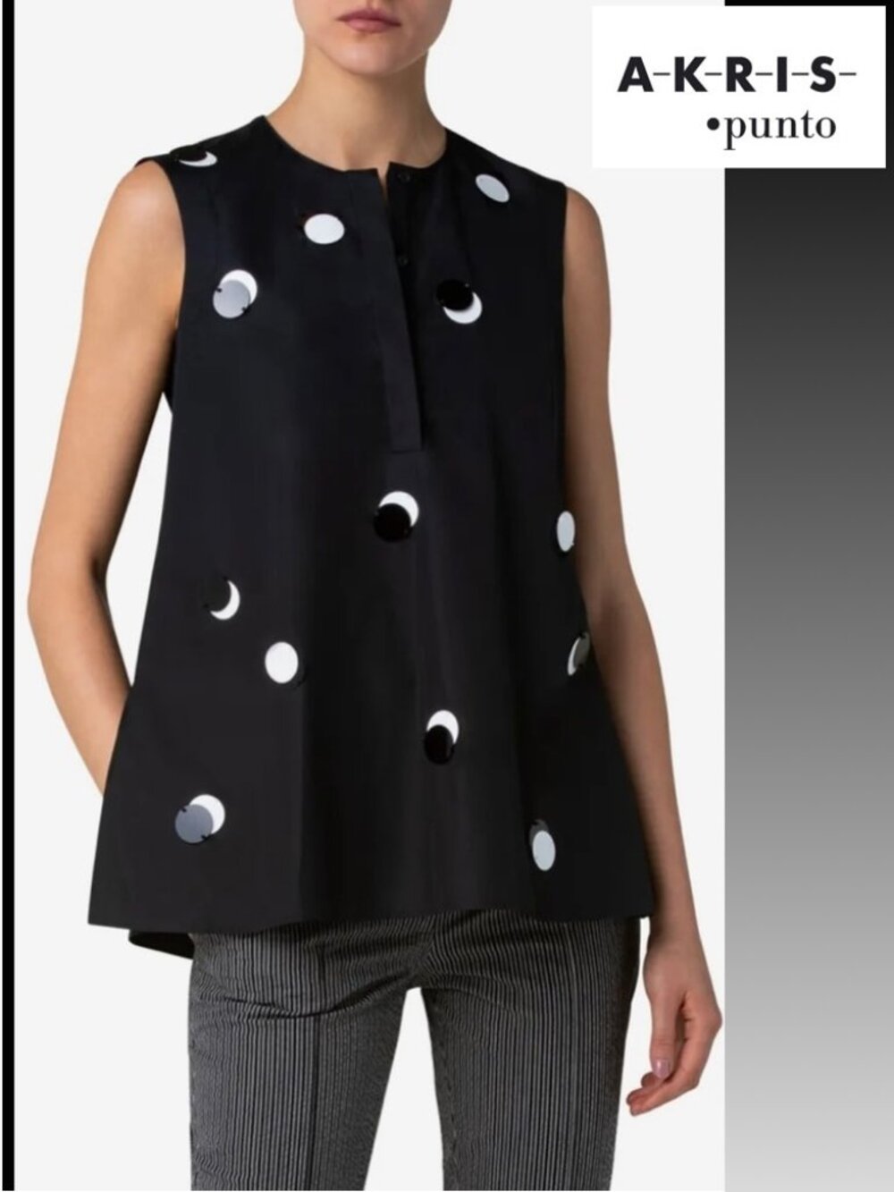 Akris Punto Embellished Black Cotton Sleeveless Tunic Blouse Sz 8